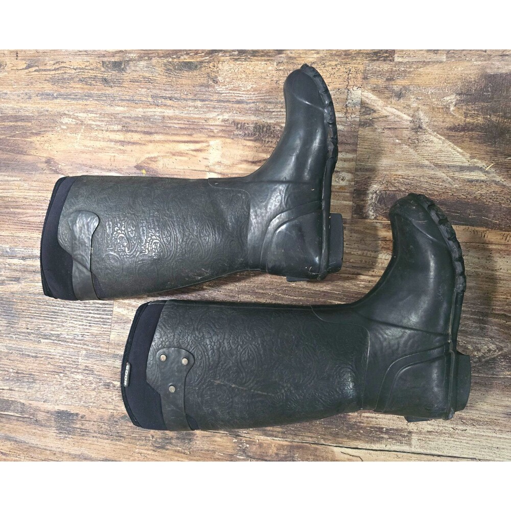 Bogs Rider Emboss Womens Black Rubber Pull-On Knee High Boots Wide Calf 7 EU38